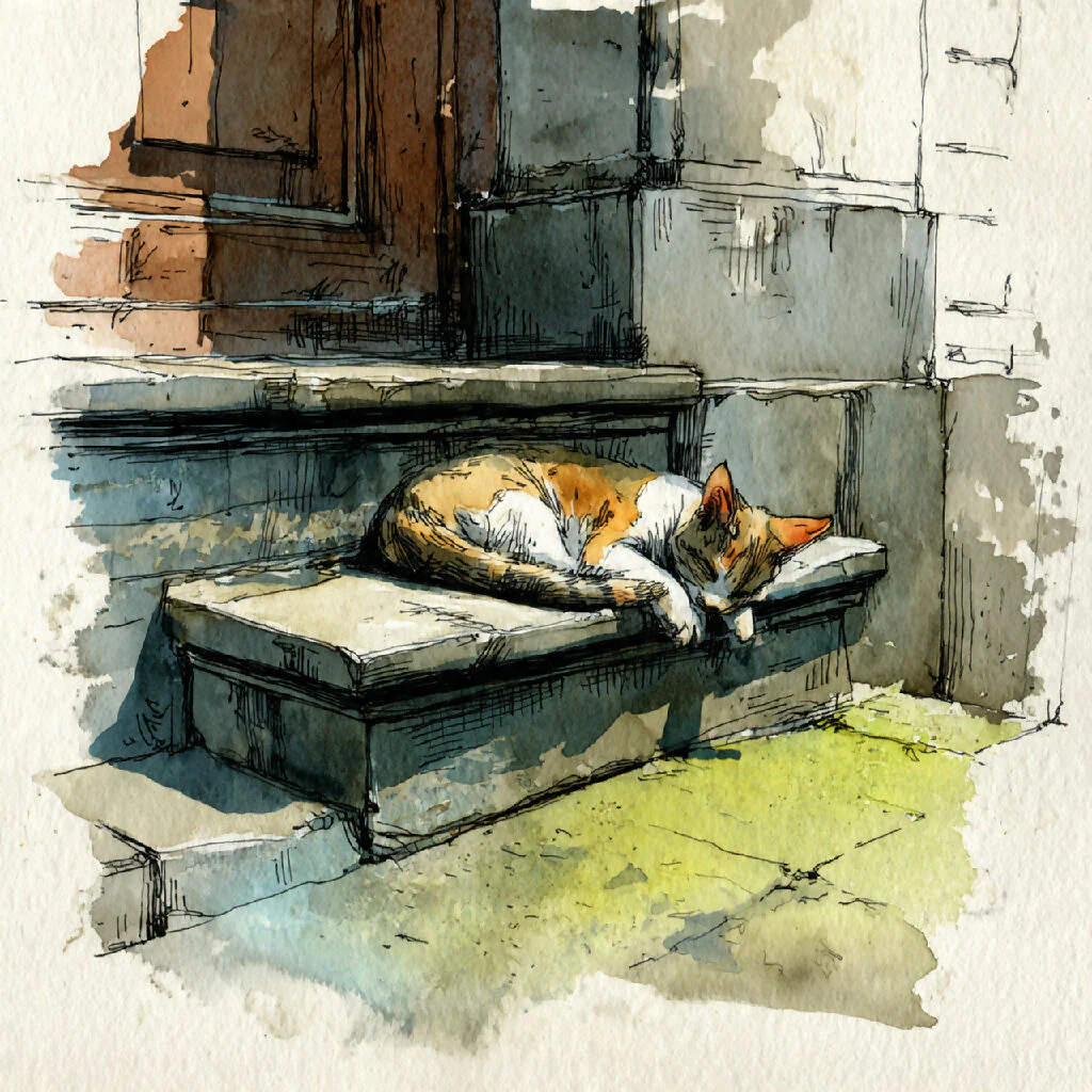Sunlit Siesta: A Watercolor Cat Napping on a Stone Step