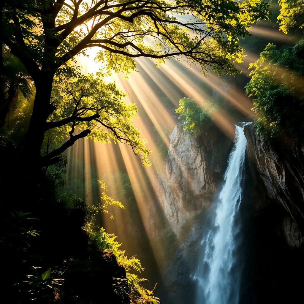 Sunlit Waterfall in a Lush Forest