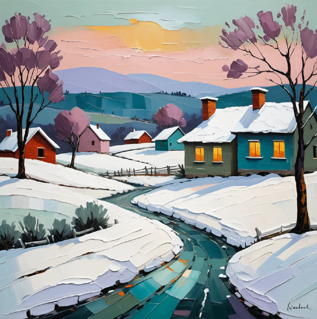 Sunrise over a small village in winter - Image 10