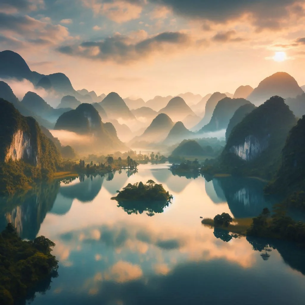 Sunrise Reflections at Tuyên Quang Lake