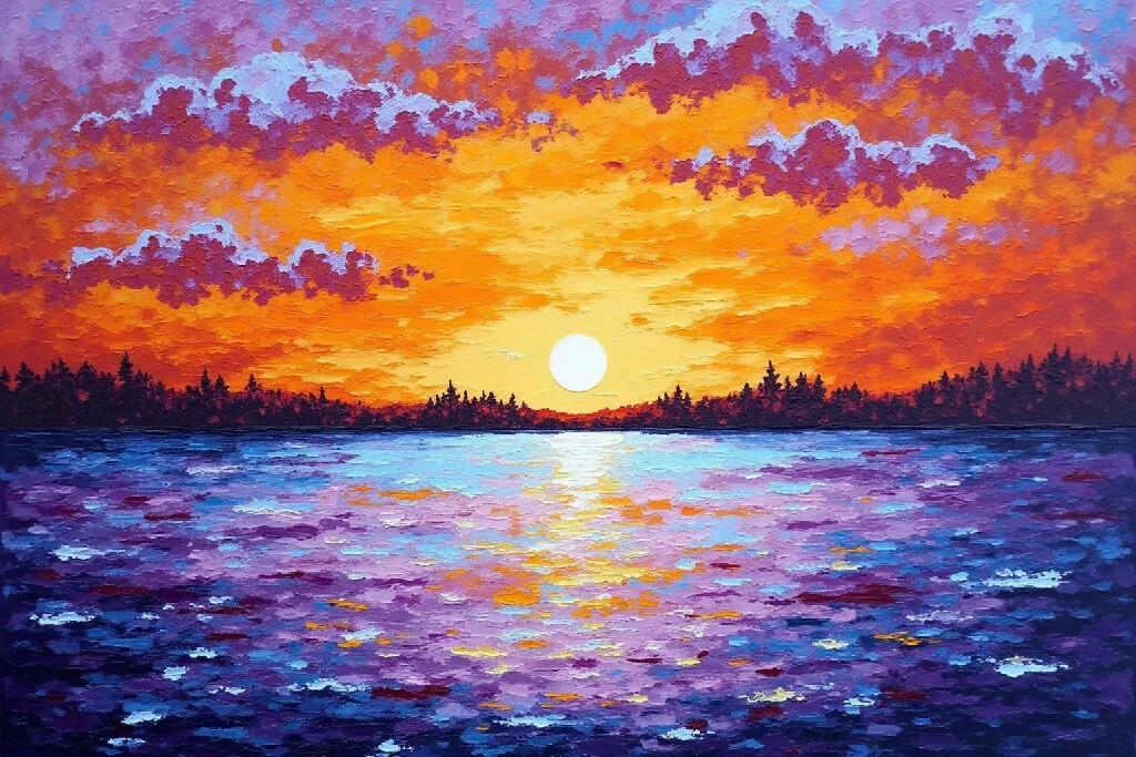 Sunset over the serene lake knife painting