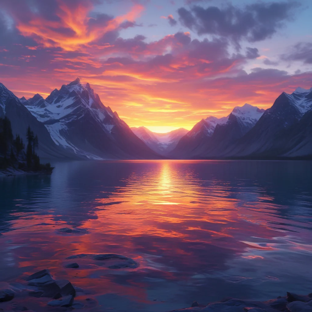 Sunset Splendor Over Serene Mountain Lake