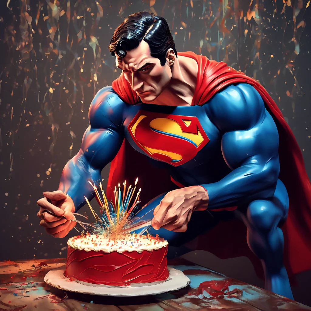 Superman cutting his Birthday cake
