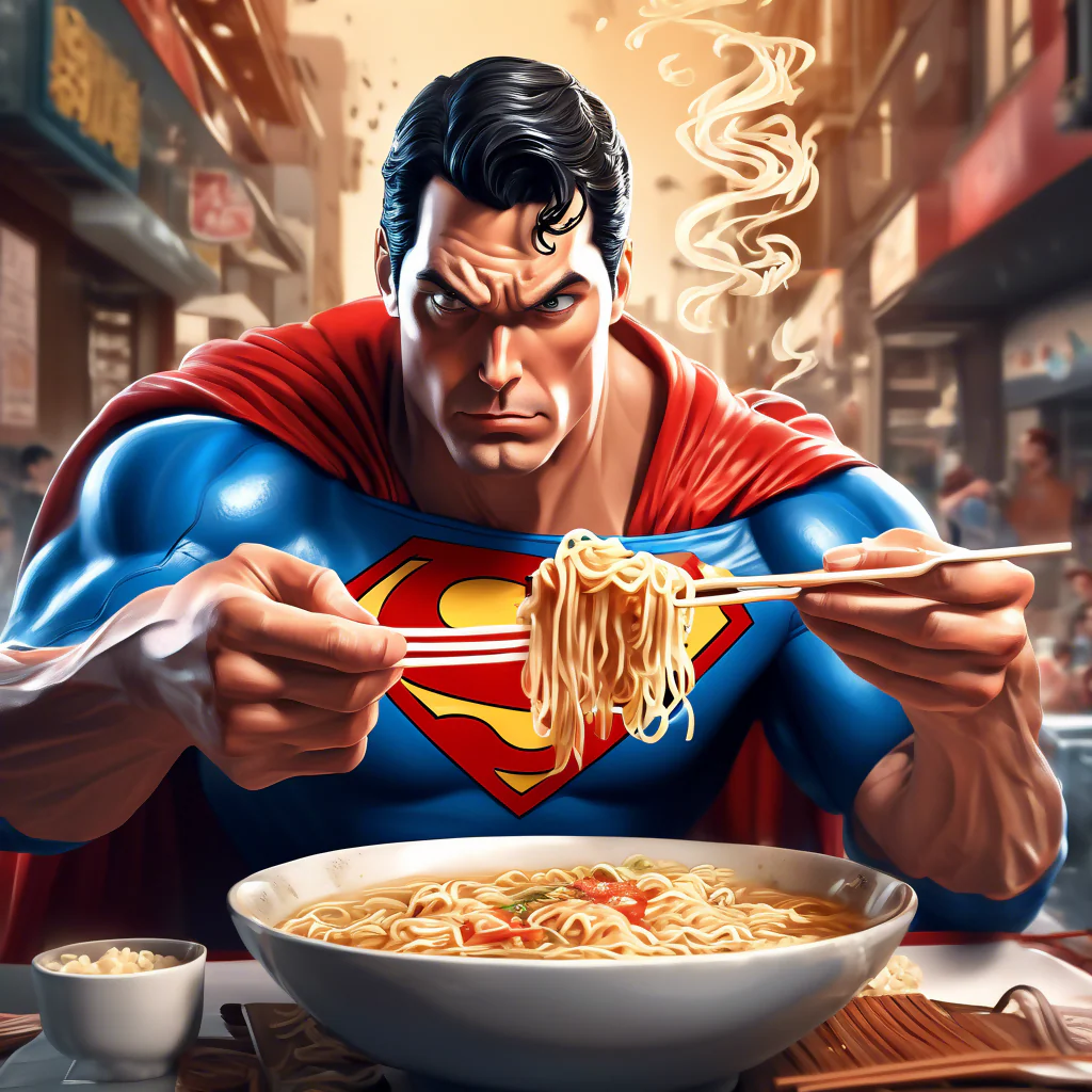 Superman eating Ramen Noodles