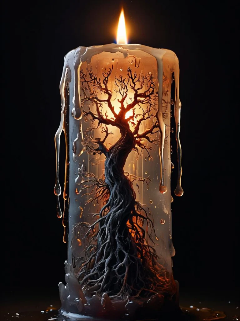Surreal Candle with Glowing Tree Design