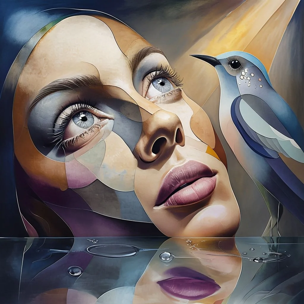 Surreal Close-Up Portrait of a Woman with Artistic Bird Design