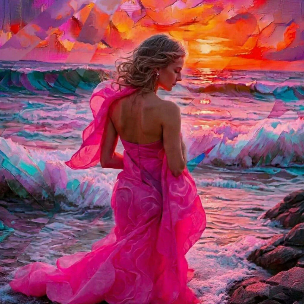 Surreal woman pink aesthetic art.
