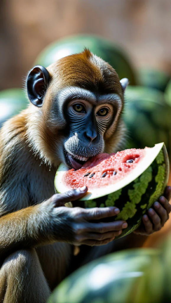 Sweet Delight: Monkey Enjoying Watermelon