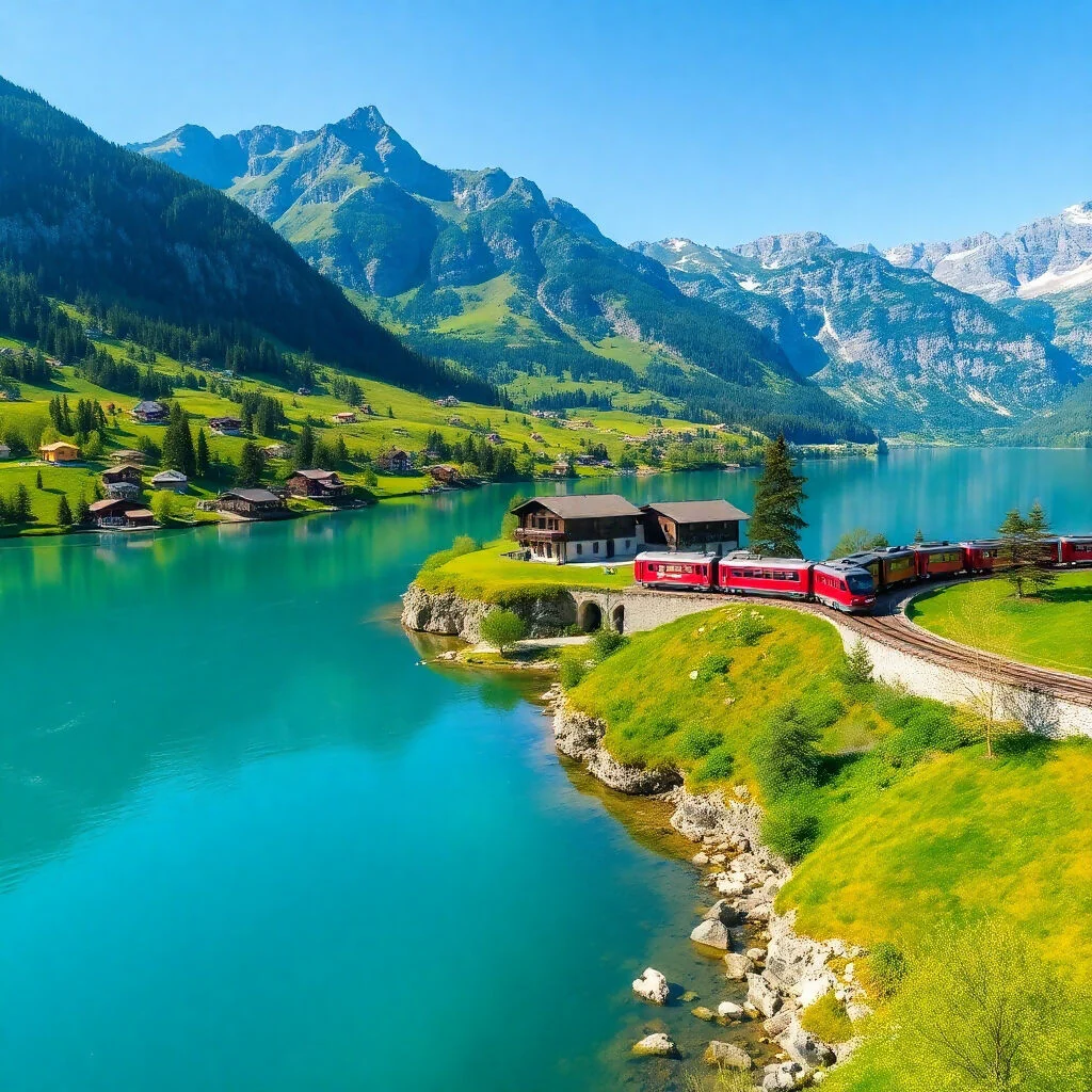 Swiss Alpine Train by Turquoise Mountain Lake