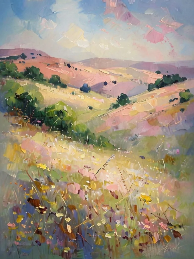 Textured Oil Painting Style Hills - Modern Landscape Art Print Meadow Field Scenery