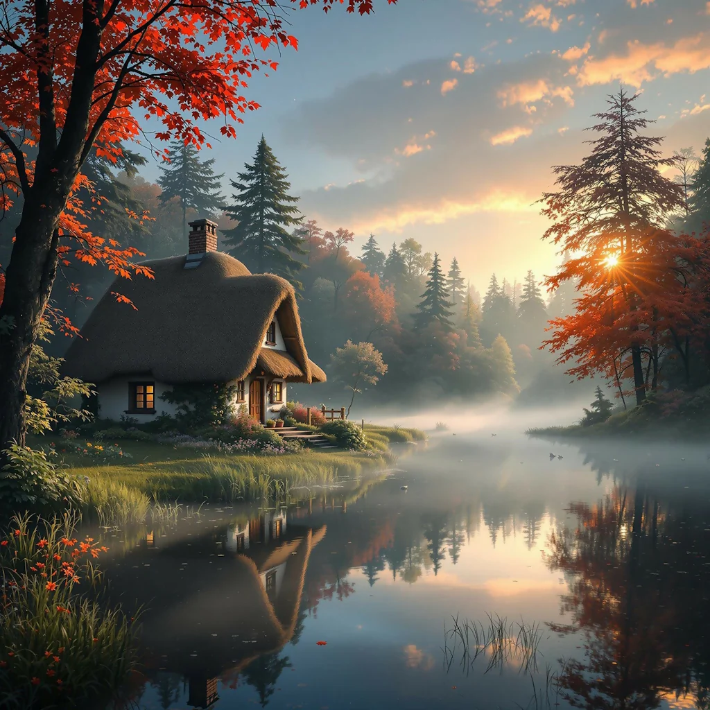 Thatched Cottage beside a Lake