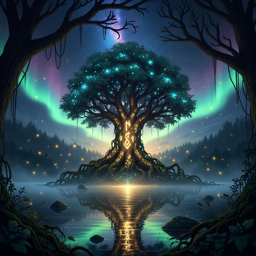 The Ancient Rune Tree — Mystical Forest Fantasy Art