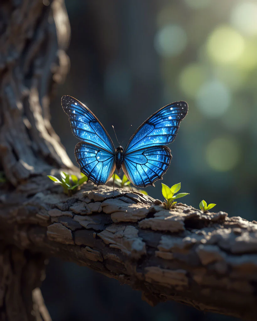 The Azure Serenity: Vibrant Blue Butterfly on Rustic Branch