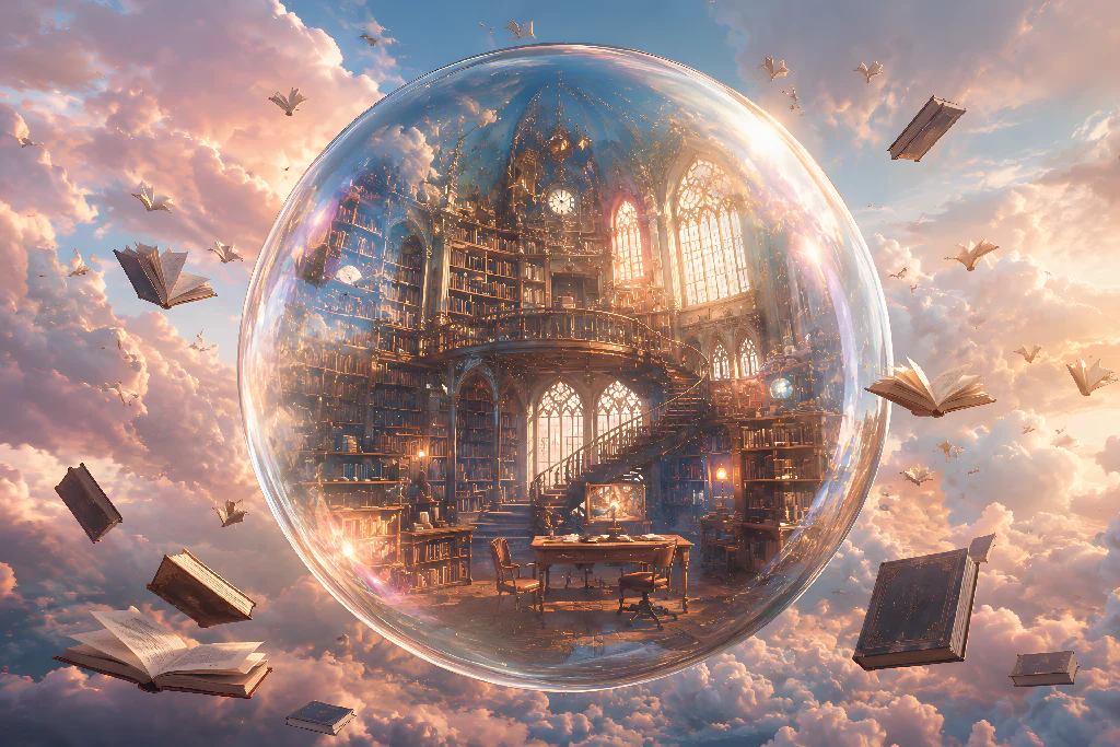 The Bibliophile's Sanctuary: Library in a Crystal Sphere