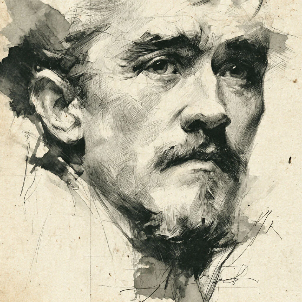 The Contemplative Gaze: Ink Portrait Study