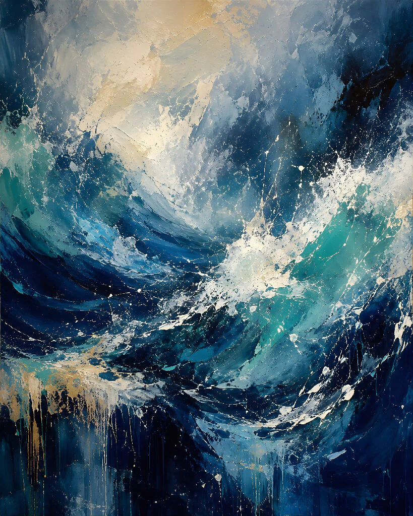 The Golden Surge: Abstract Ocean Wave Impasto Oil Painting