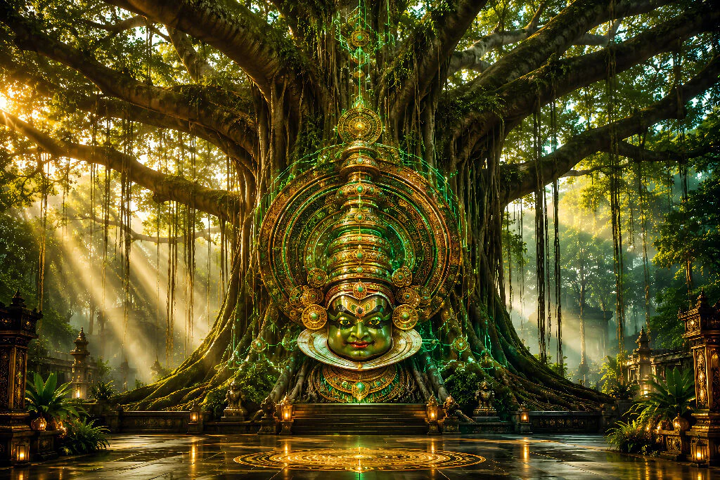 The Mystical Guardian: Cyberpunk Kathakali Under Ancient Sacred Banyan Tree