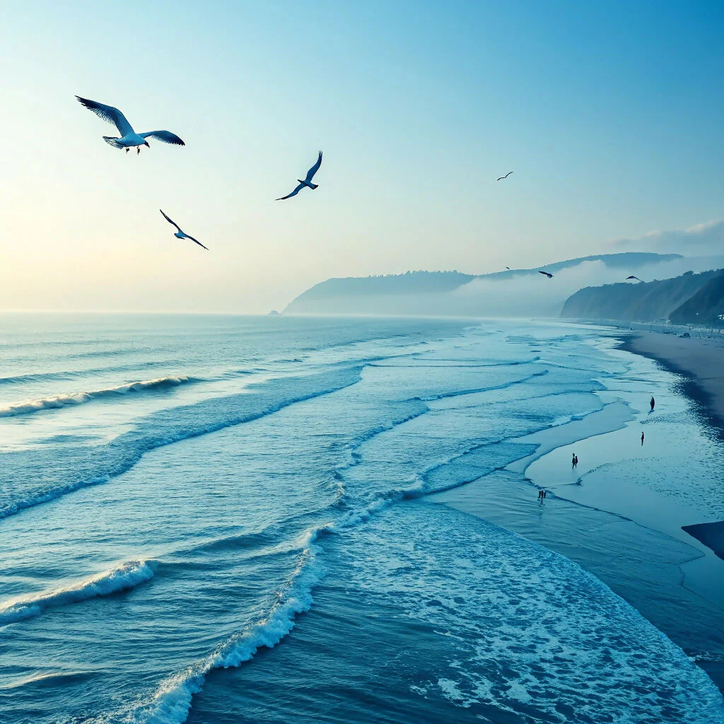 The Scenic Blue Beach with Waves and Seagulls