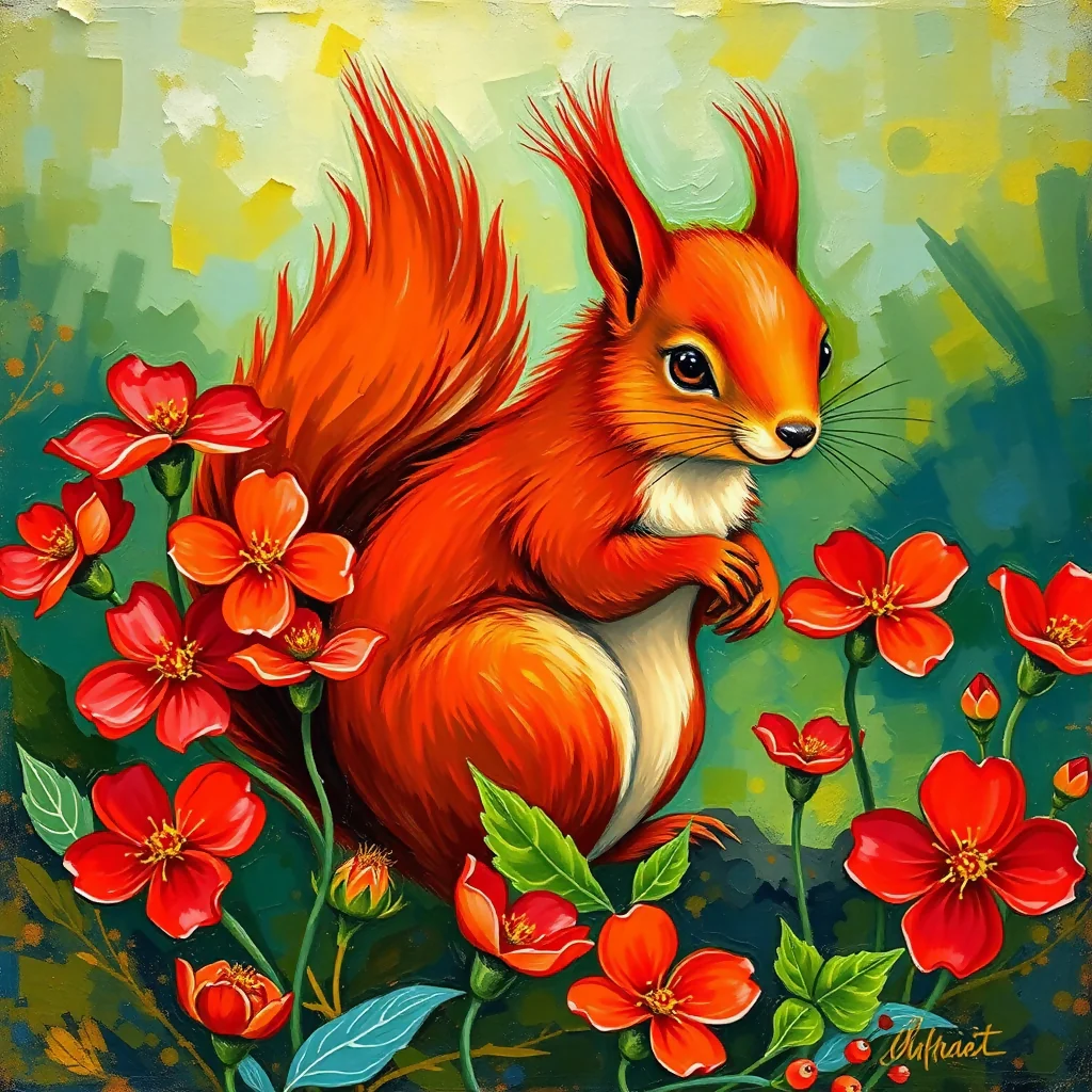 The Squirrel Among Scarlet Blooms