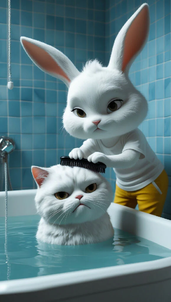 The white cute bunny standing outside the bathtube