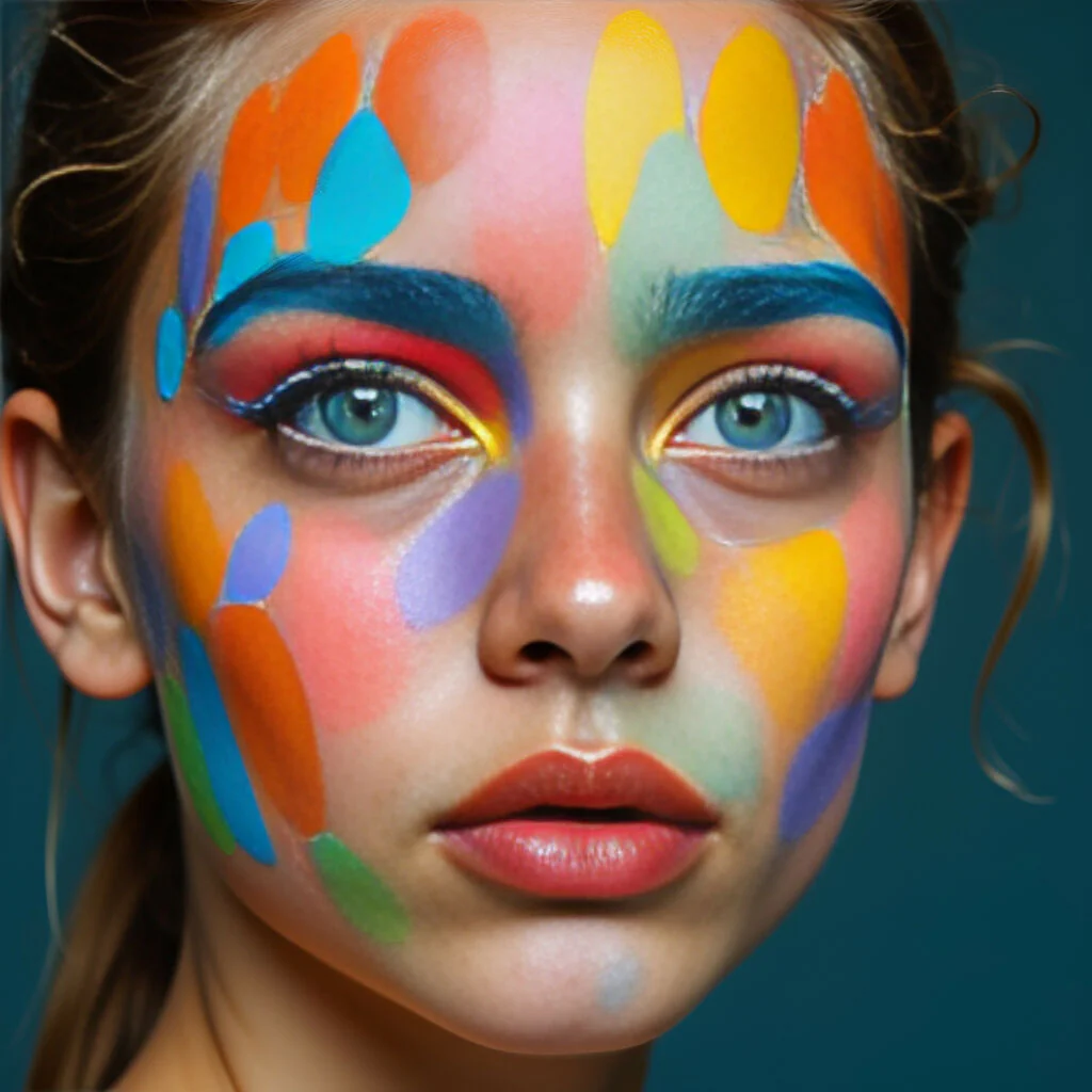There are various colors and shapes on the face.