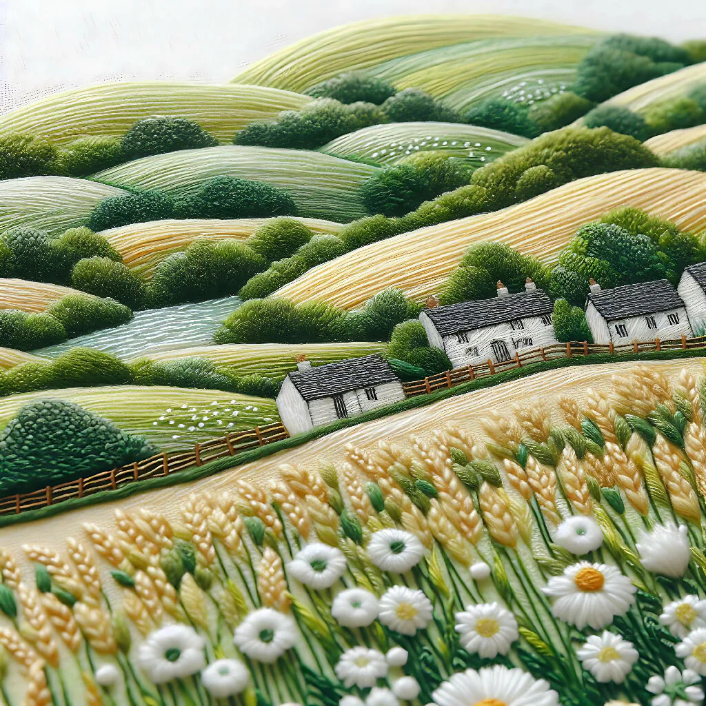 "Threaded Tranquility: A Countryside Scene Stitched in Sunlight"