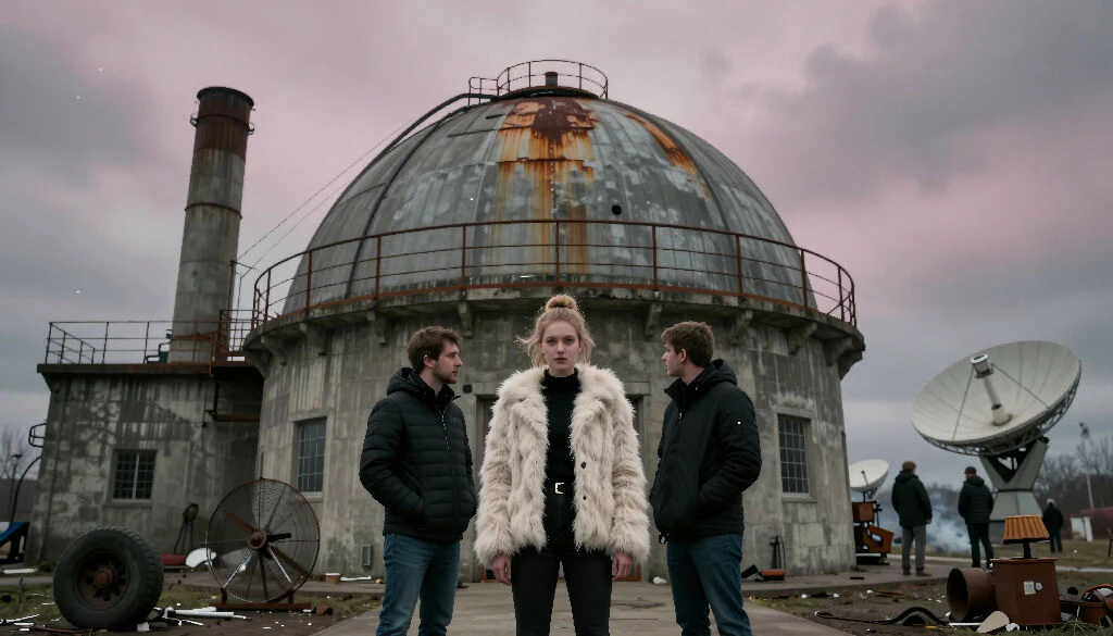 Three people in front of an observatory dome