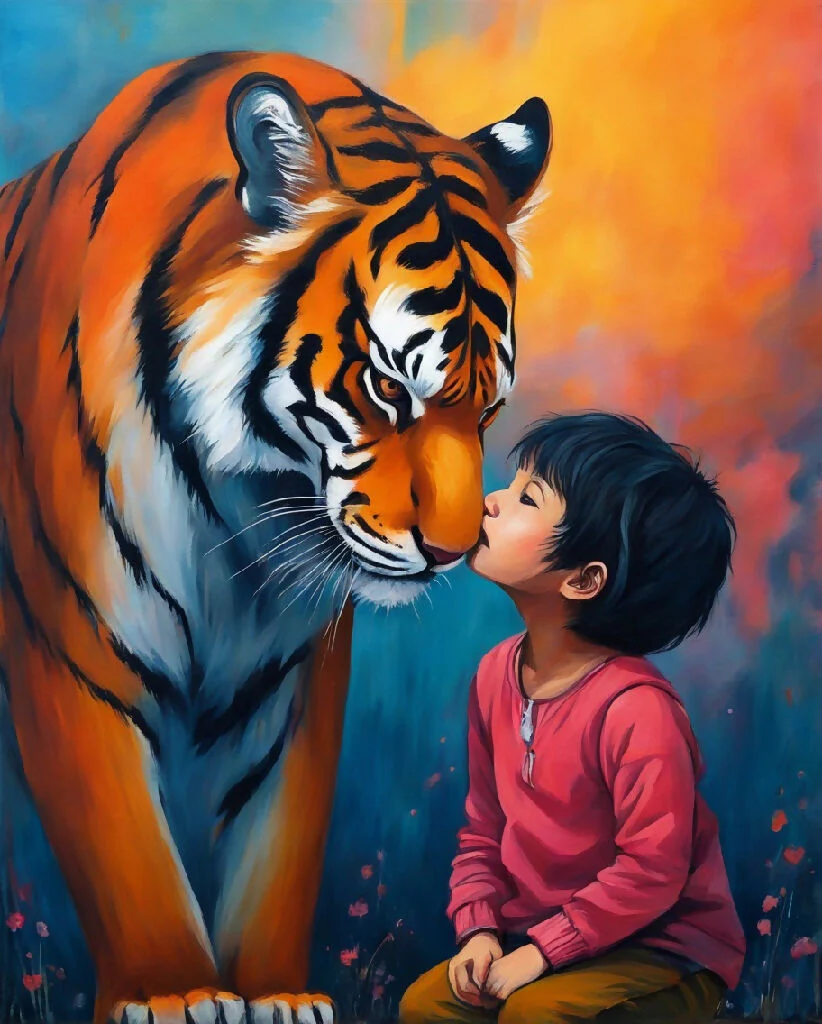 Tiger taking care of child