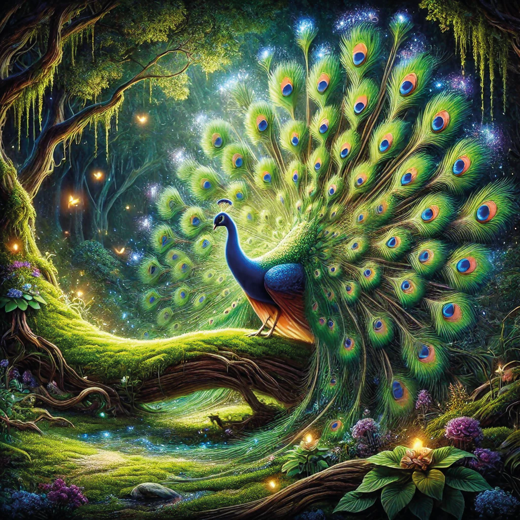 Title: Majestic Peacock in an Enchanted Forest