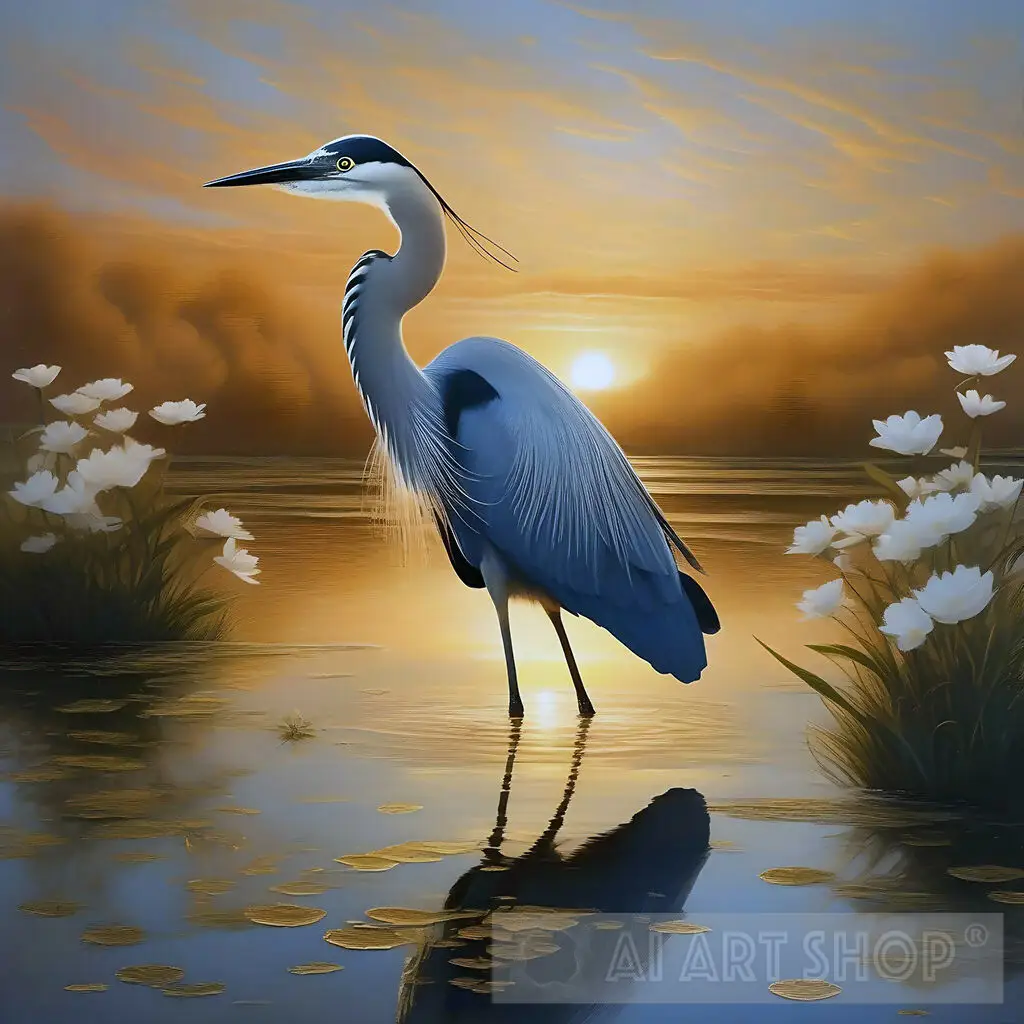 Tranquil Dusk: Great Blue Heron Amidst Sunset Reflections