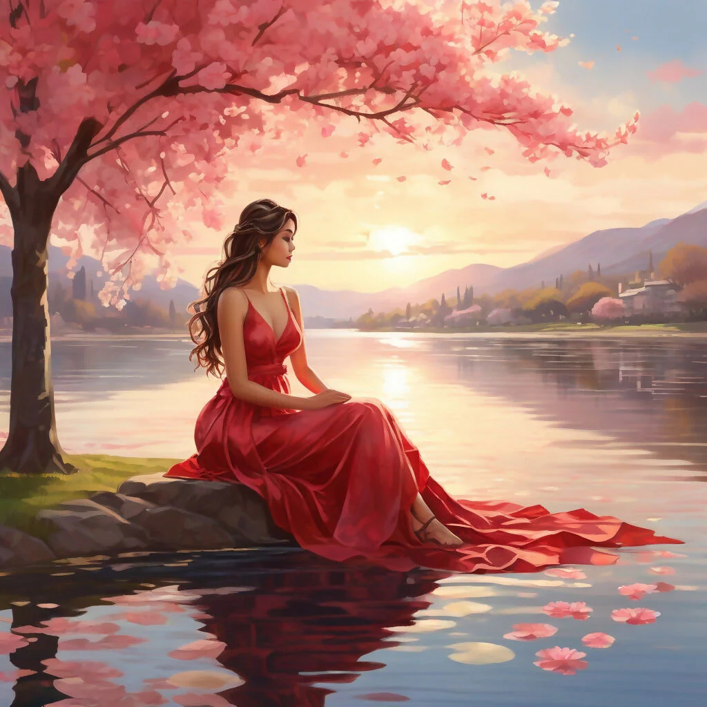 Tranquil Reflections: Lady in Red by the Lake