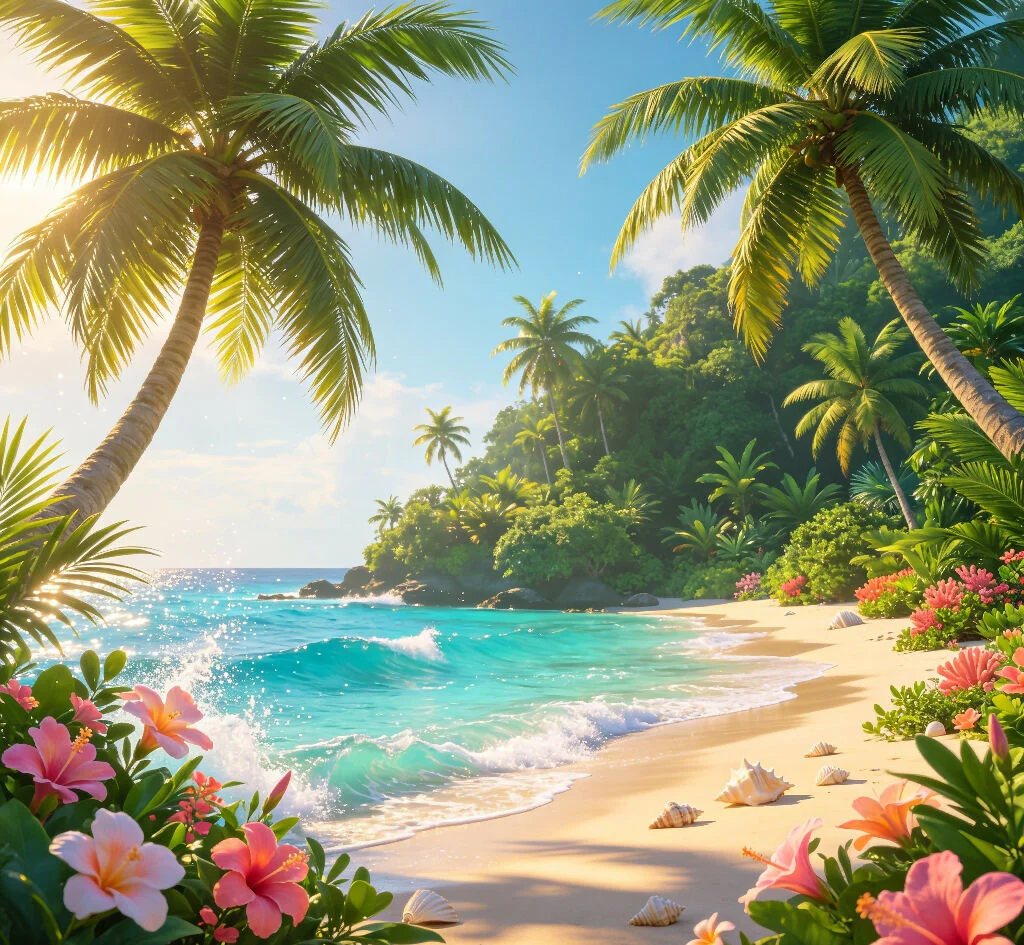 tropical jungle beach photography backdrop with lush palm trees and exotic flowers - Image 3