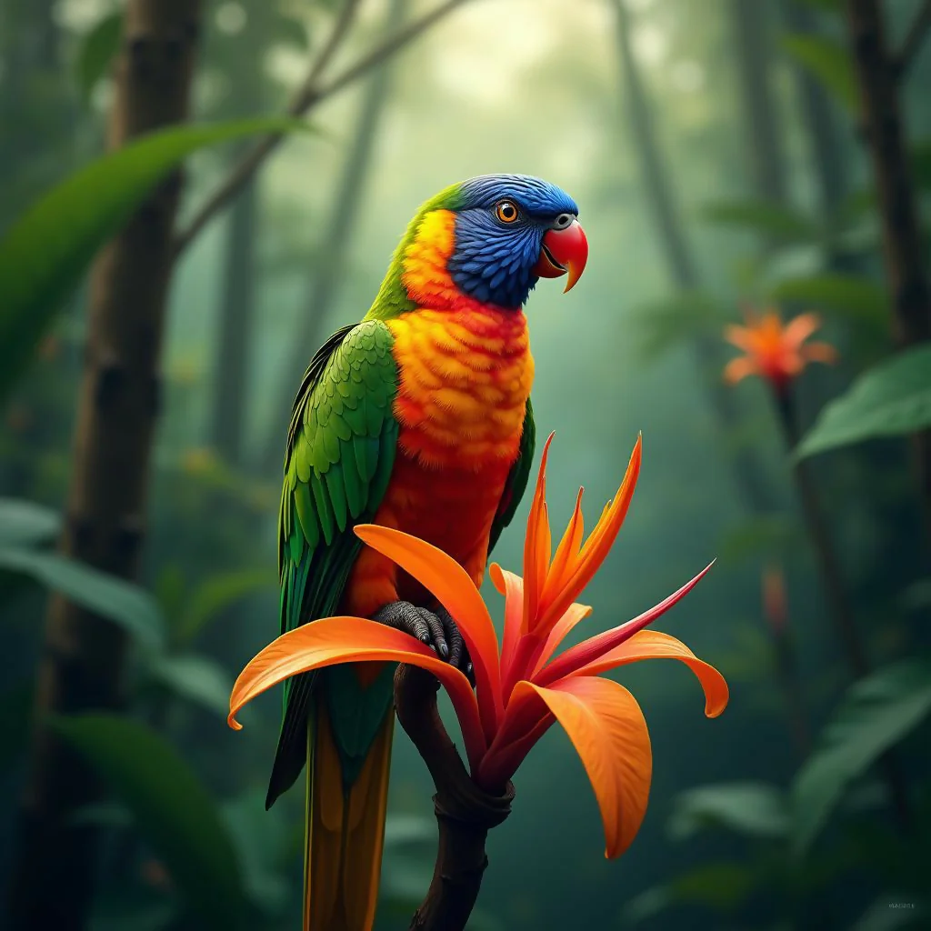 Tropical Parrot and Rainforest Flower Art Print