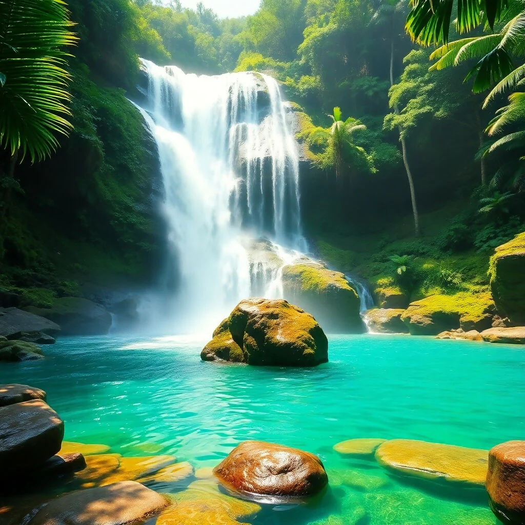 Tropical Waterfall Paradise with Turquoise Pool