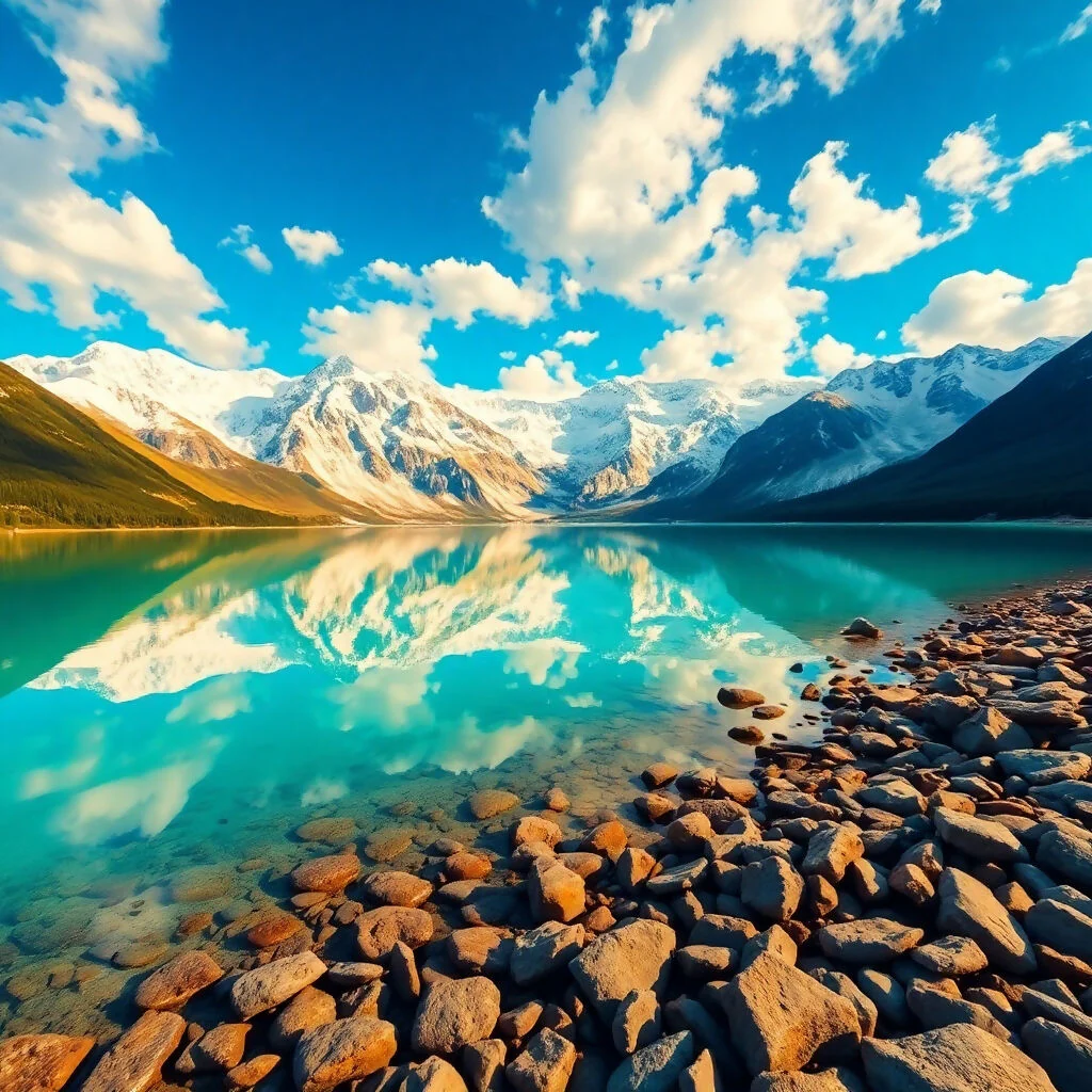 Turquoise Mountain Lake with Perfect Snow Peak Reflection