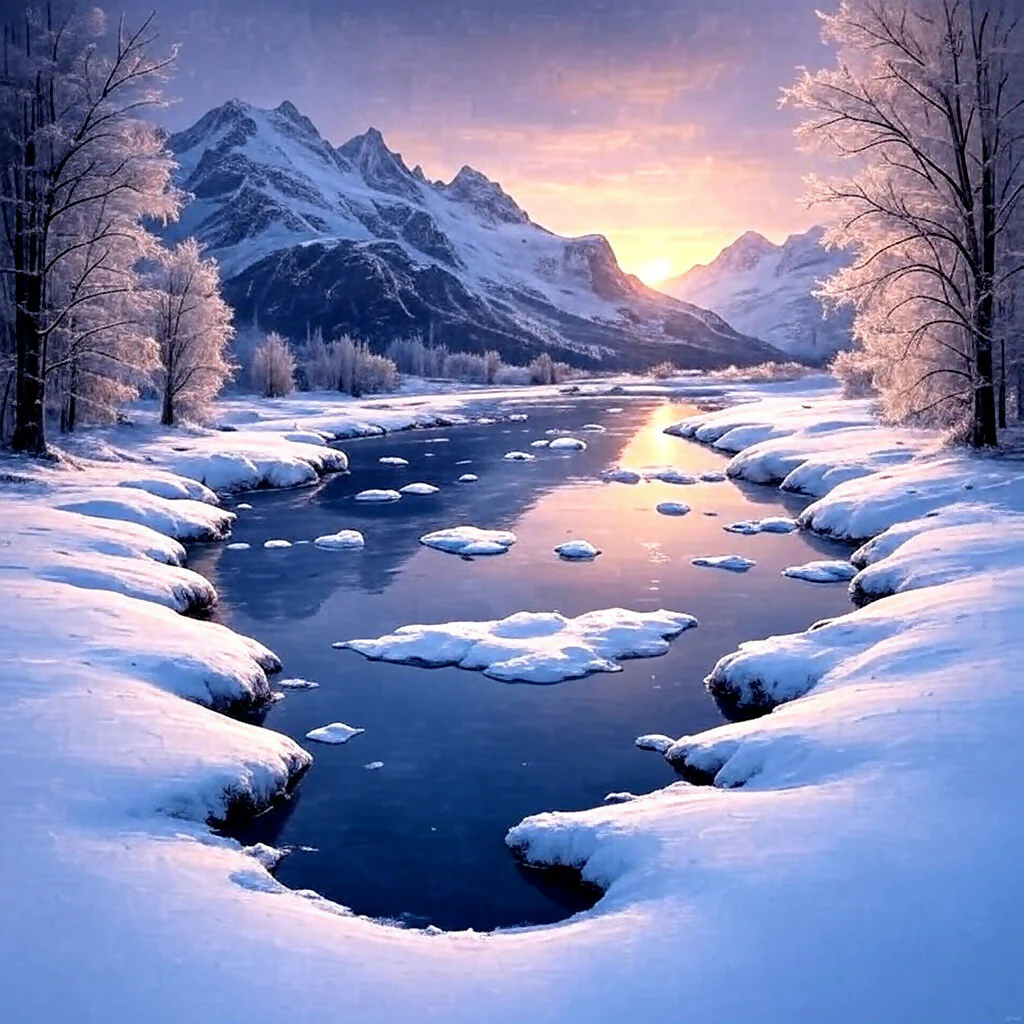 Twilight River – AI Illustration of Winter’s Peace