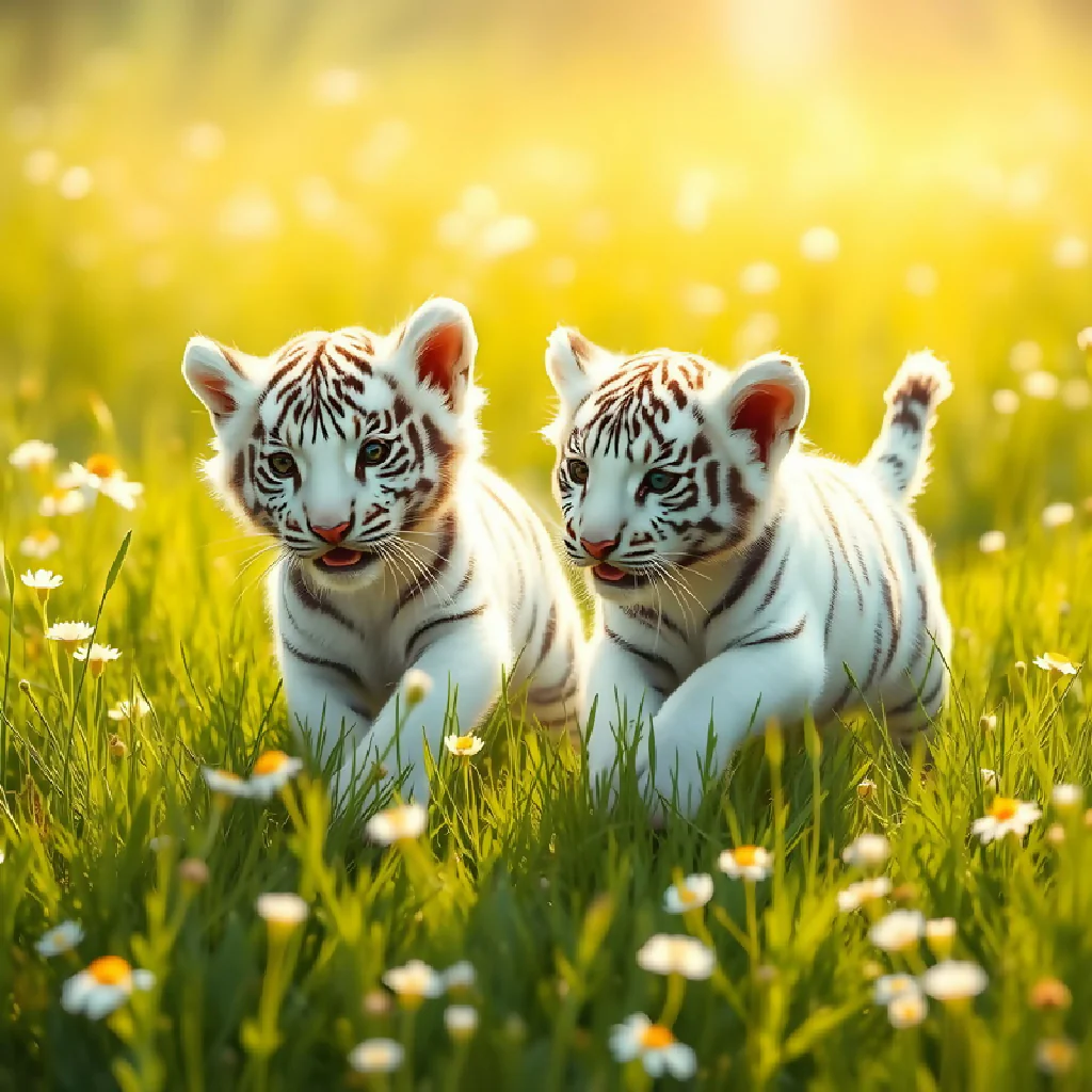 Two Adorable White Tiger Cubs playing in the sun