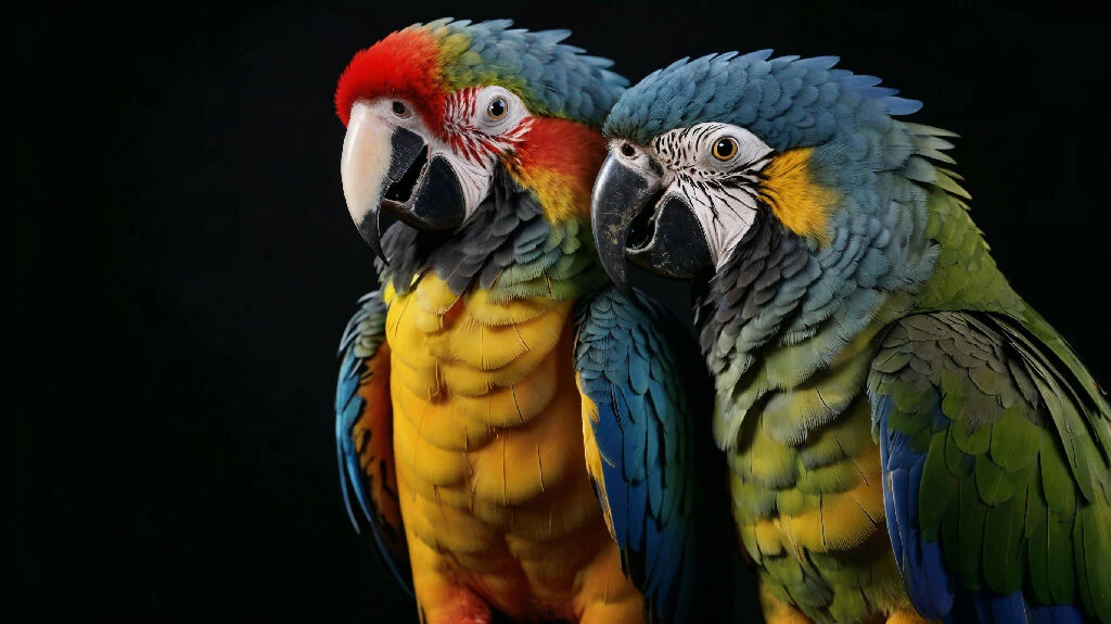 Two beautiful parrots on a jet black background