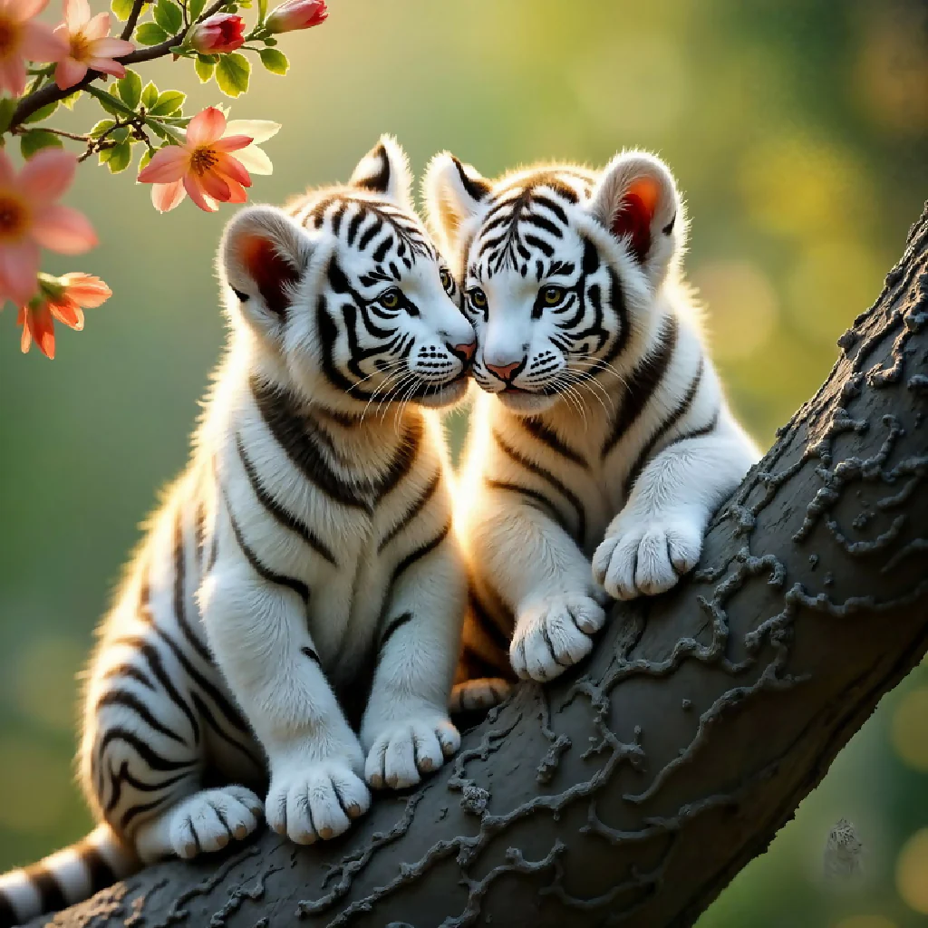 "Two White Tiger Cubs talking on a Tree"