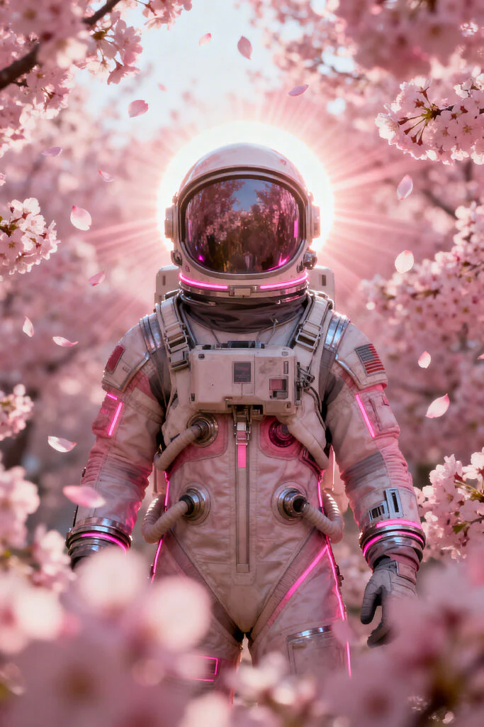 Ultra-detailed cinematic portrait of a futuristic astronaut standing among dense pink cherry blossoms, soft petals floating in the air, dreamy pastel atmosphere, glowing sunlight halo behind helmet, volumetric light rays, highly detailed space suit with r