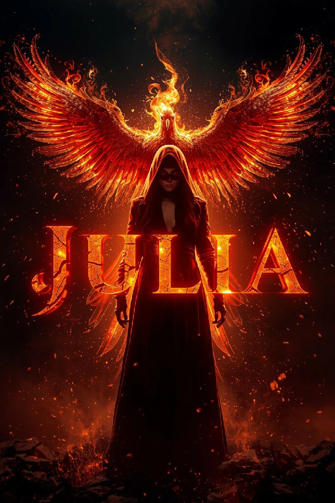 Ultra realistic 8K black wallpaper, massive cracked 3D JULIA text glowing in fiery orange and red LED. Hooded woman, long flowing coat, mask, aura glowing fiery red. Behind her a full-body phoenix, wings spread, feathers blazing with divine fire energy. S