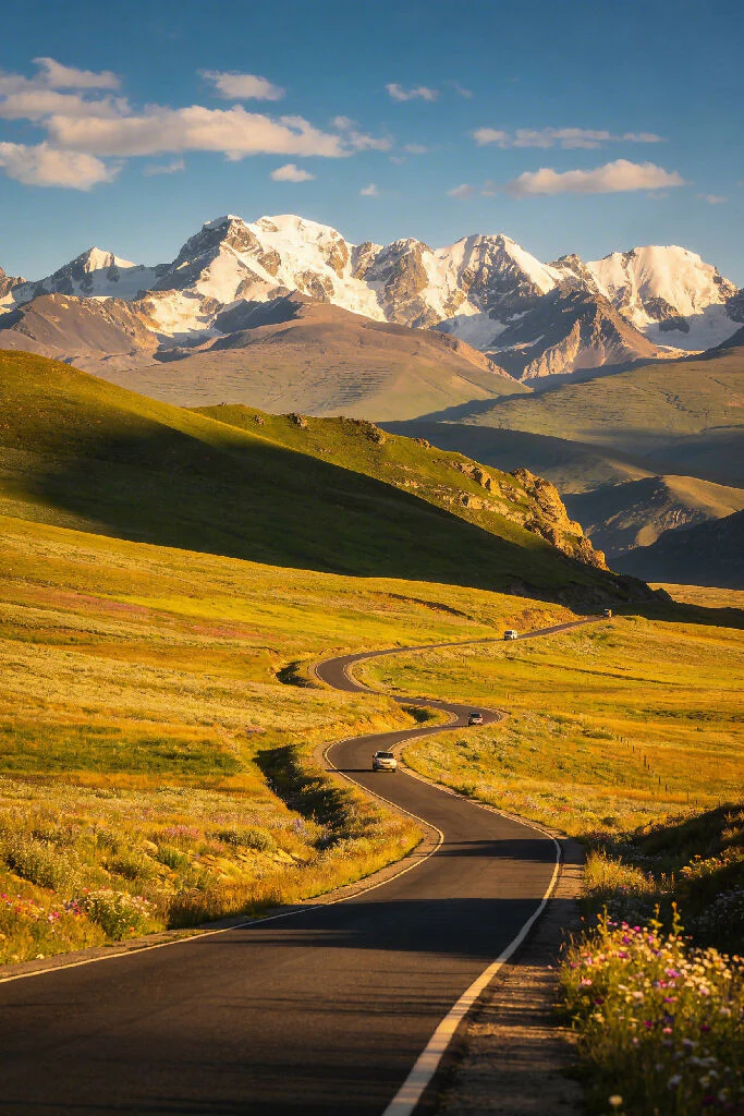 un paisaje natural en una meseta andina. paisaje típico de zonas andinas de Sudamérica. una carretera cruza el paisaje.