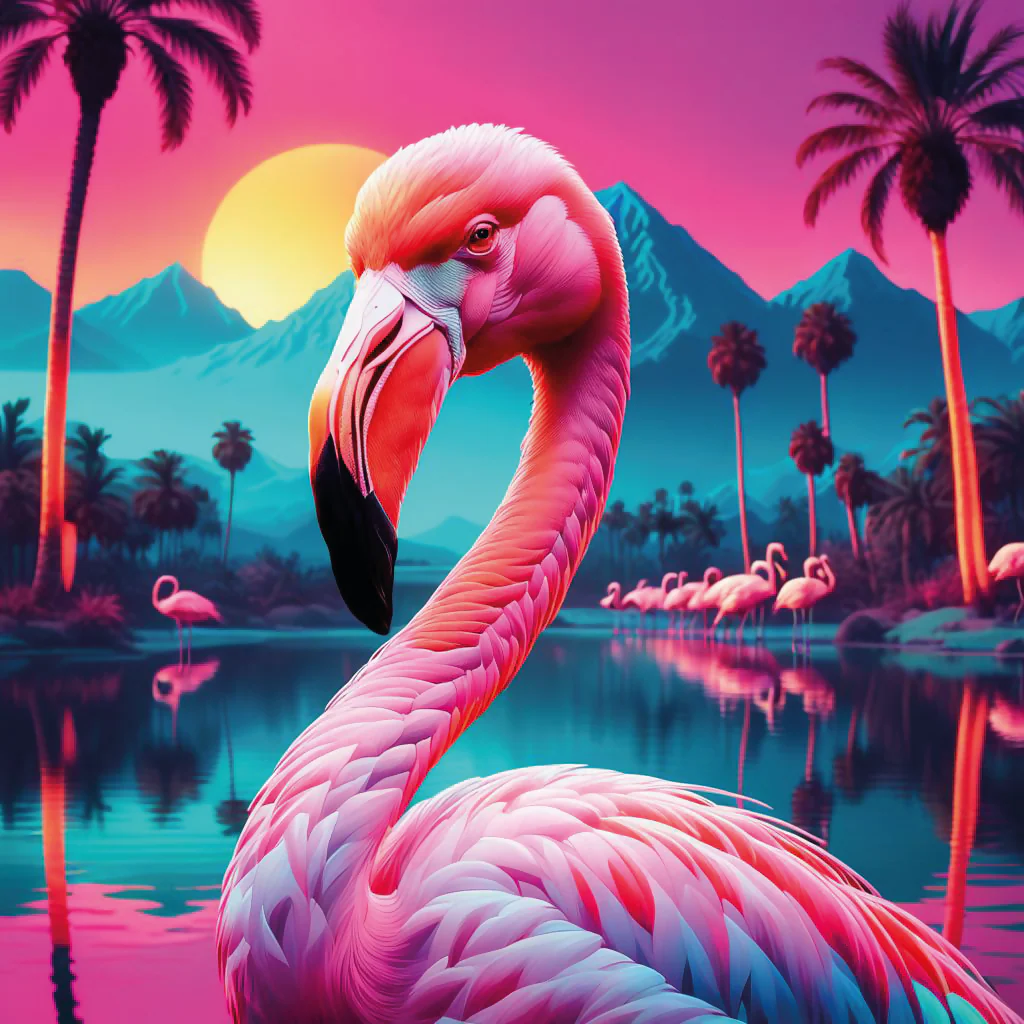Vaporwave Flamingo by a Neon Lake