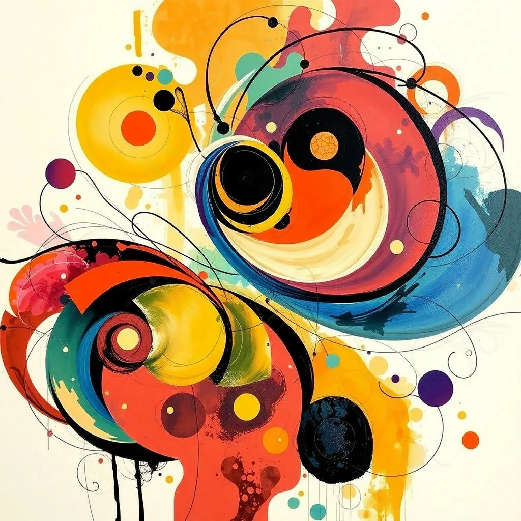 Vibrant Abstract Circular Composition with Bold Colors and Dynamic Swirls
