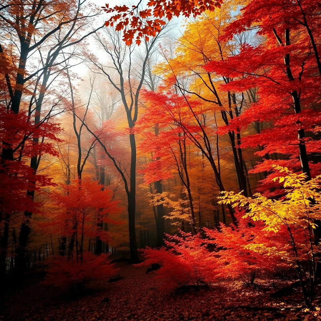 Vibrant Autumn Forest with Red and Gold Foliage