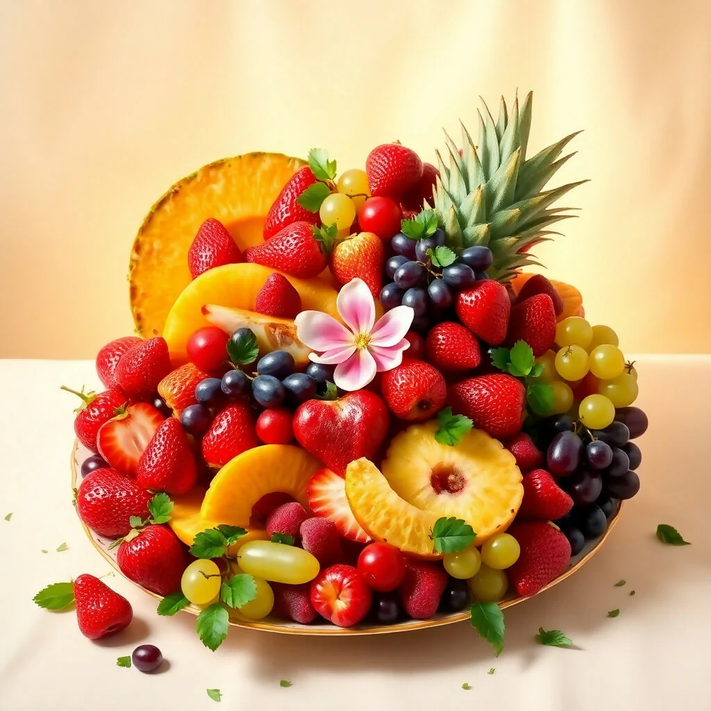 "Vibrant Fruit Platter Still Life with Golden Lighting on White"