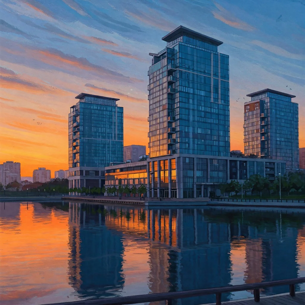 Vibrant Modern Cityscape Illustration at Sunrise/Sunset