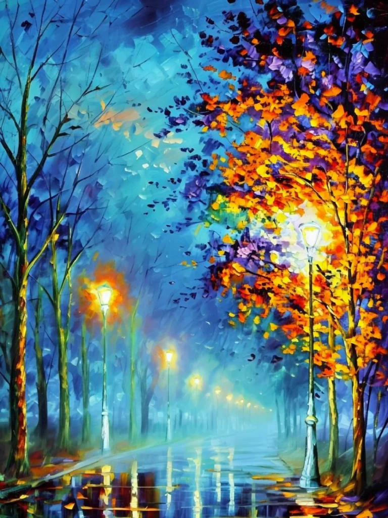 Vibrant Nocturnal Landscape with Autumn Trees and Reflective Pathway