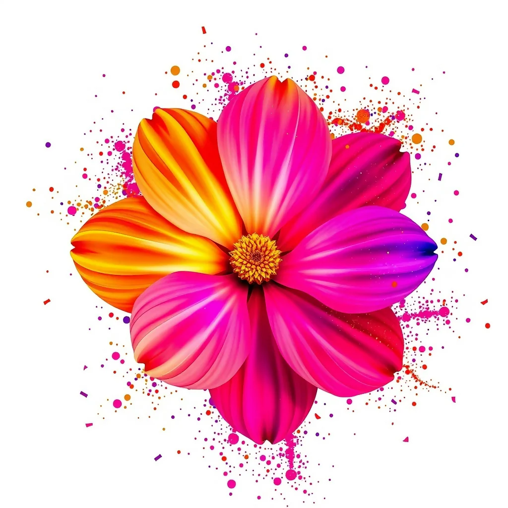 Vibrant Rainbow Flower with Colorful Paint Splatter on White