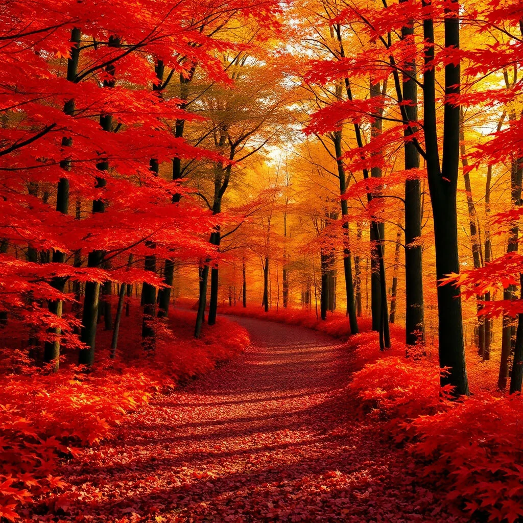 Vibrant Red and Orange Autumn Forest Path